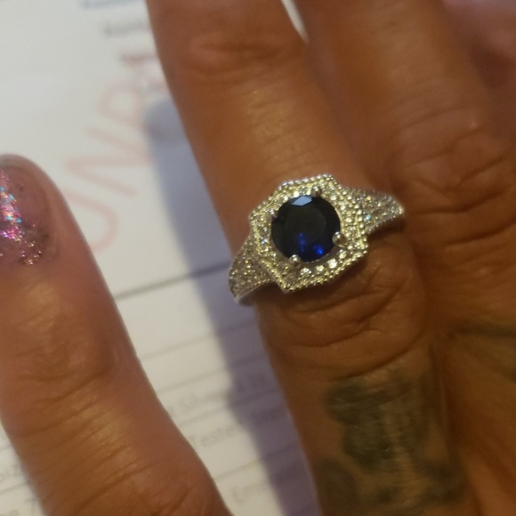 Blue Sapphire Diamond Silver Ring - Picture 3 of 3